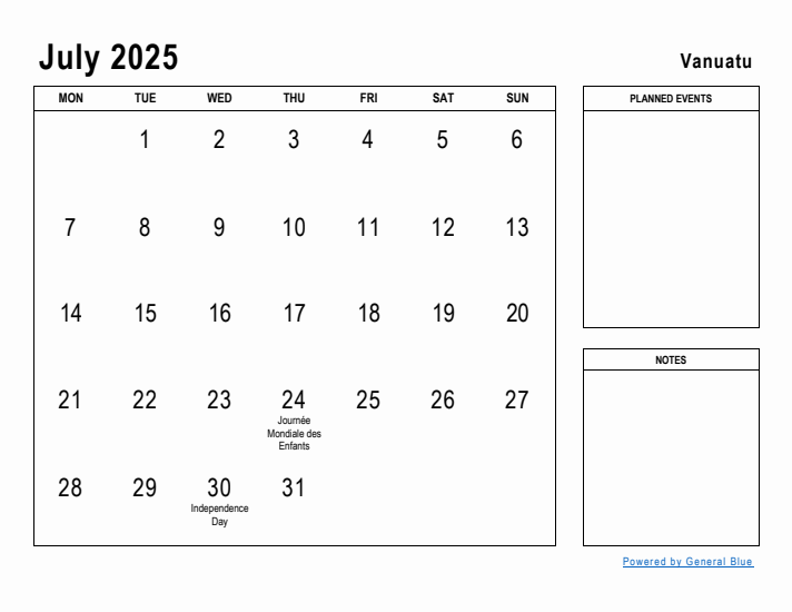 July 2025 Printable Monthly Calendar with Vanuatu Holidays