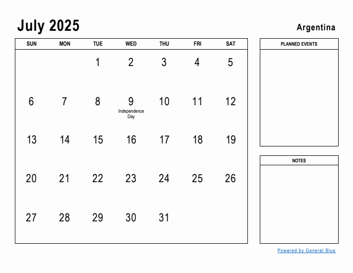 July 2025 Printable Monthly Calendar with Argentina Holidays