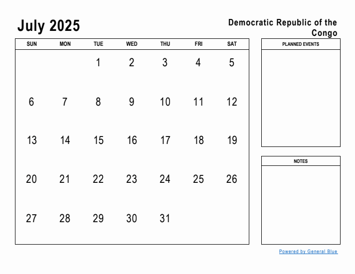 July 2025 Printable Monthly Calendar with Democratic Republic of the Congo Holidays