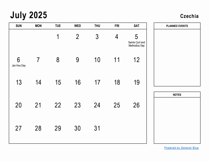 July 2025 Printable Monthly Calendar with Czechia Holidays