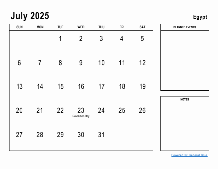 July 2025 Printable Monthly Calendar with Egypt Holidays