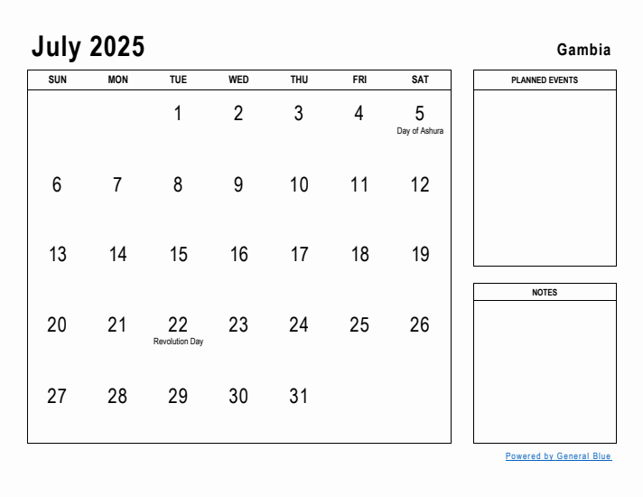 July 2025 Printable Monthly Calendar with Gambia Holidays