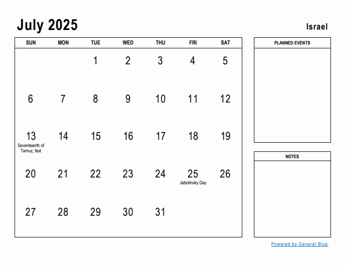 July 2025 Printable Monthly Calendar with Israel Holidays