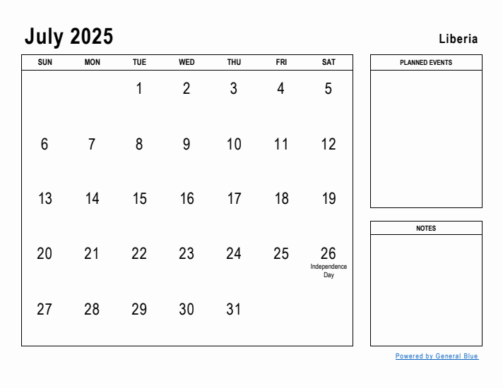 July 2025 Printable Monthly Calendar with Liberia Holidays