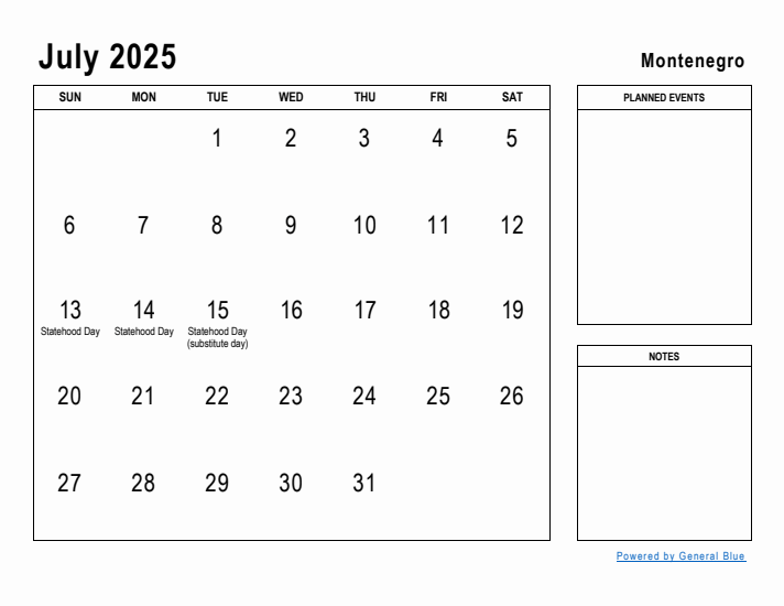 July 2025 Printable Monthly Calendar with Montenegro Holidays