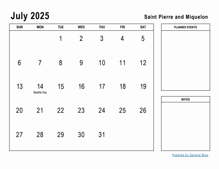 July 2025 Printable Monthly Calendar with Saint Pierre and Miquelon Holidays