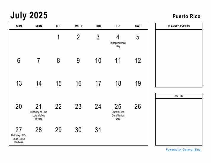 July 2025 Printable Monthly Calendar with Puerto Rico Holidays