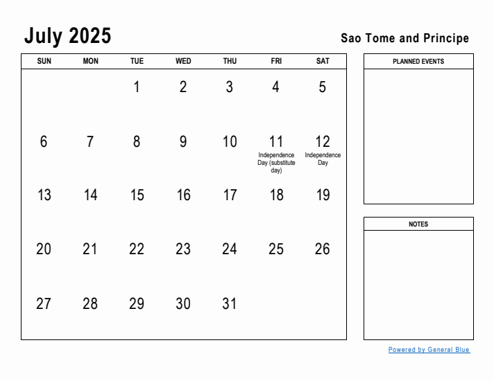 July 2025 Printable Monthly Calendar with Sao Tome and Principe Holidays