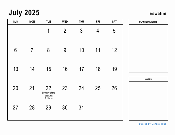 July 2025 Printable Monthly Calendar with Eswatini Holidays