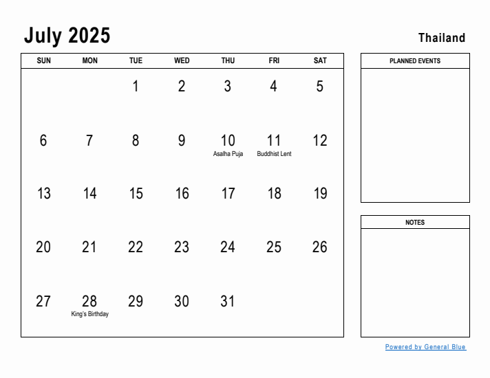 July 2025 Printable Monthly Calendar with Thailand Holidays