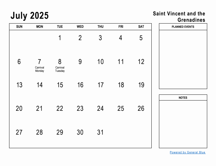July 2025 Printable Monthly Calendar with Saint Vincent and the Grenadines Holidays