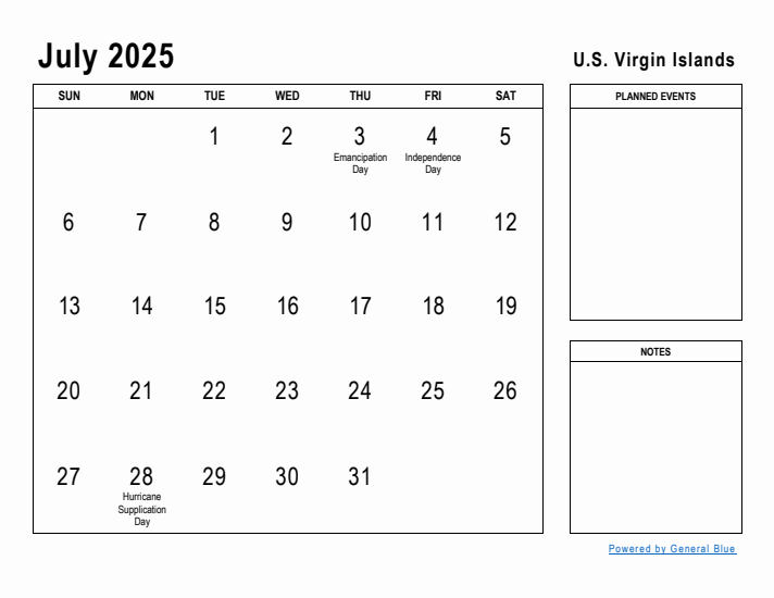 July 2025 Printable Monthly Calendar with U.S. Virgin Islands Holidays