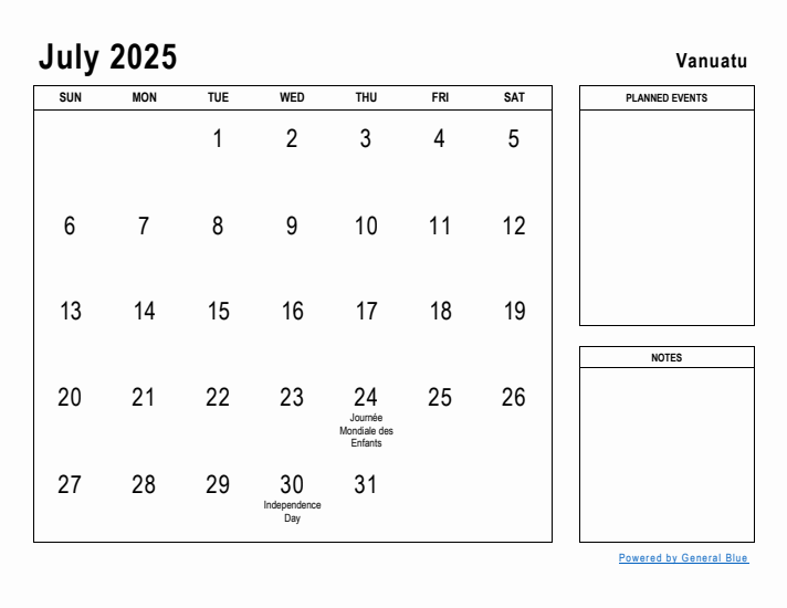 July 2025 Printable Monthly Calendar with Vanuatu Holidays