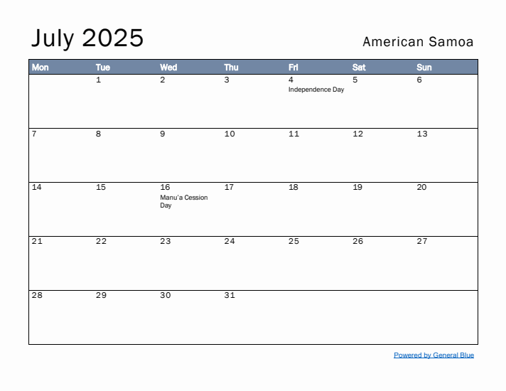 July 2025 Simple Monthly Calendar for American Samoa