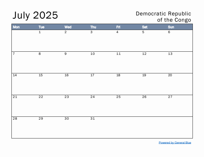 July 2025 Simple Monthly Calendar for Democratic Republic of the Congo
