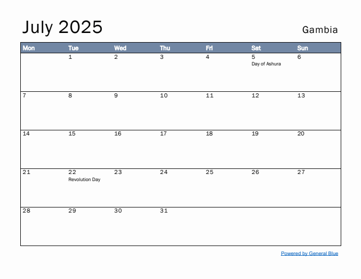 July 2025 Simple Monthly Calendar for Gambia