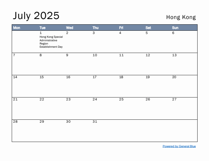 July 2025 Simple Monthly Calendar for Hong Kong