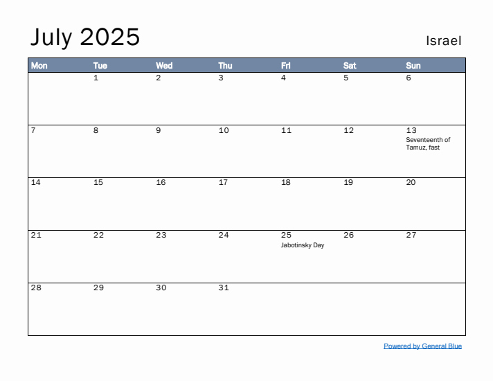 July 2025 Simple Monthly Calendar for Israel