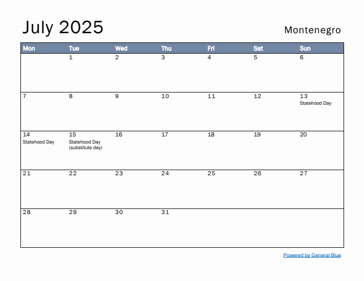 July 2025 Simple Monthly Calendar for Montenegro