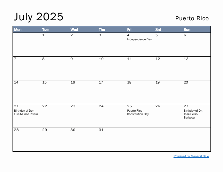 July 2025 Simple Monthly Calendar for Puerto Rico
