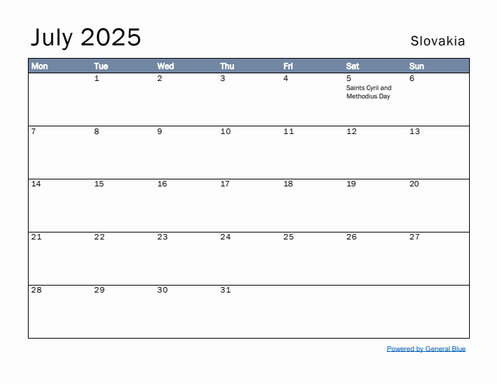 July 2025 Simple Monthly Calendar for Slovakia