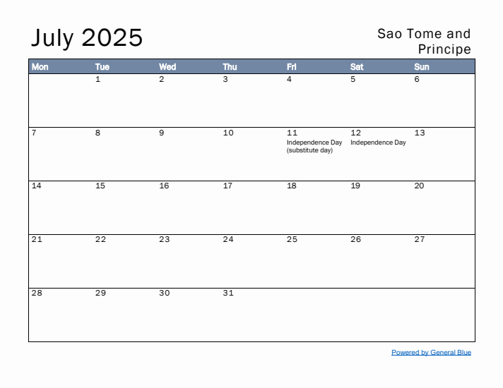 July 2025 Simple Monthly Calendar for Sao Tome and Principe