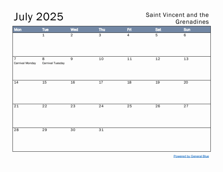 July 2025 Simple Monthly Calendar for Saint Vincent and the Grenadines