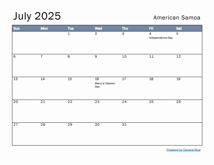 July 2025 Simple Monthly Calendar for American Samoa