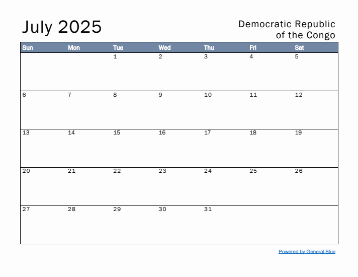 July 2025 Simple Monthly Calendar for Democratic Republic of the Congo