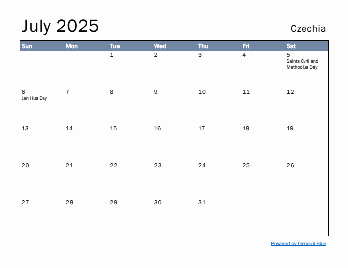 July 2025 Simple Monthly Calendar for Czechia