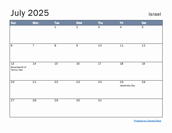 July 2025 Simple Monthly Calendar for Israel