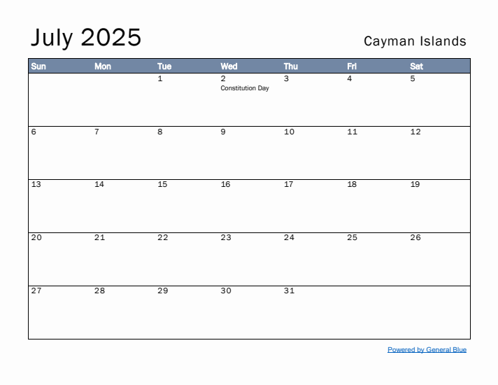 July 2025 Simple Monthly Calendar for Cayman Islands