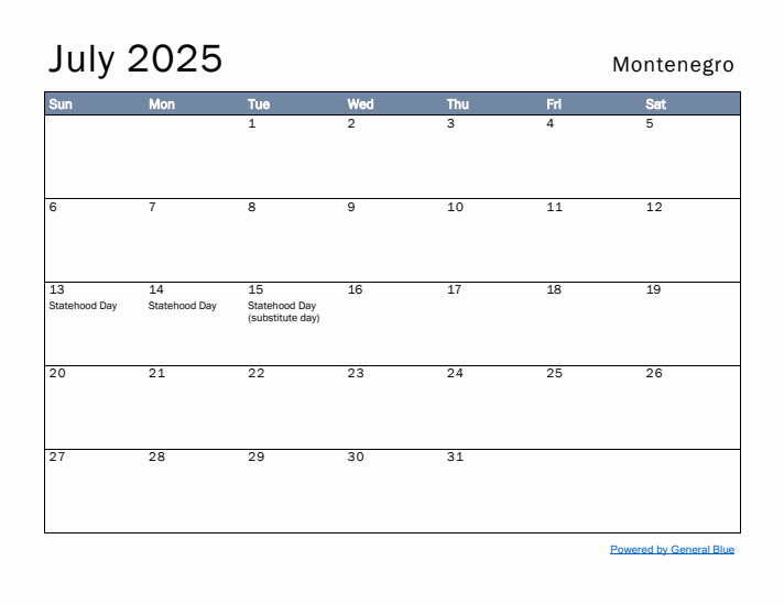 July 2025 Simple Monthly Calendar for Montenegro