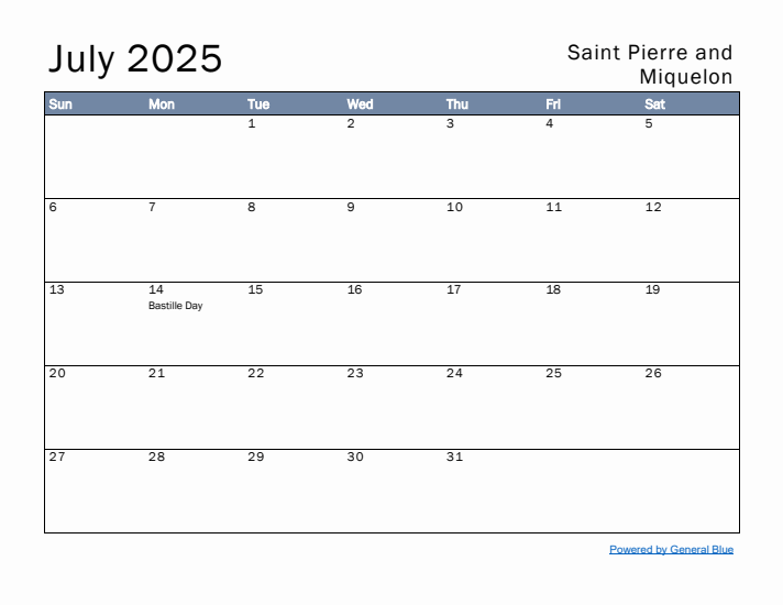 July 2025 Simple Monthly Calendar for Saint Pierre and Miquelon