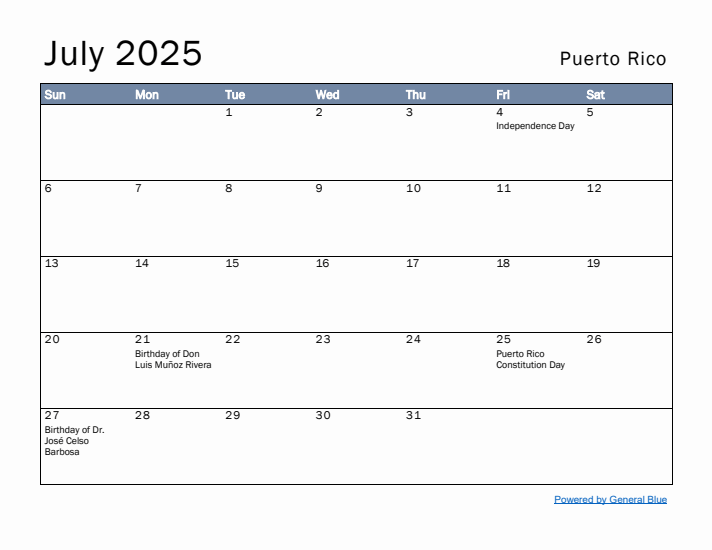 July 2025 Simple Monthly Calendar for Puerto Rico