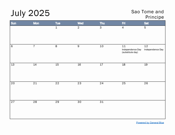 July 2025 Simple Monthly Calendar for Sao Tome and Principe