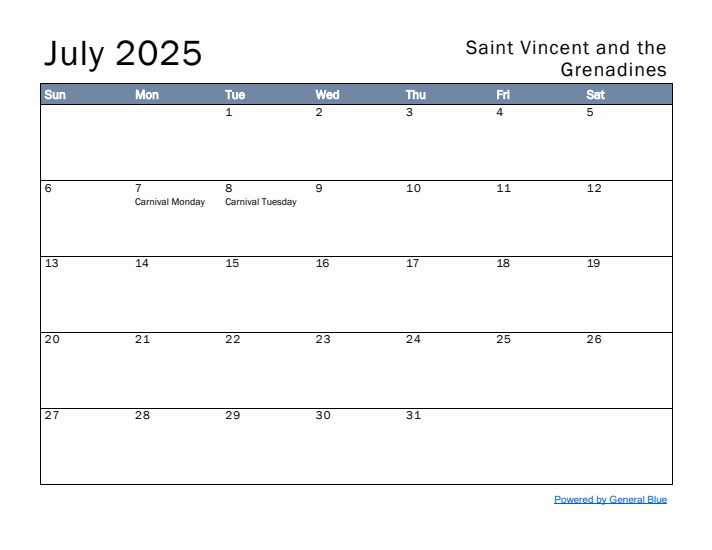 July 2025 Simple Monthly Calendar for Saint Vincent and the Grenadines