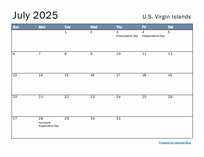 July 2025 Simple Monthly Calendar for U.S. Virgin Islands