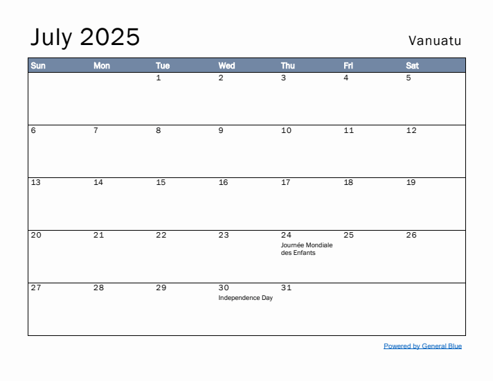 July 2025 Simple Monthly Calendar for Vanuatu