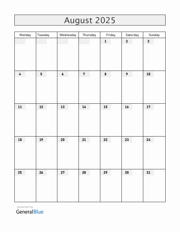 Blank August 2025 Calendar
