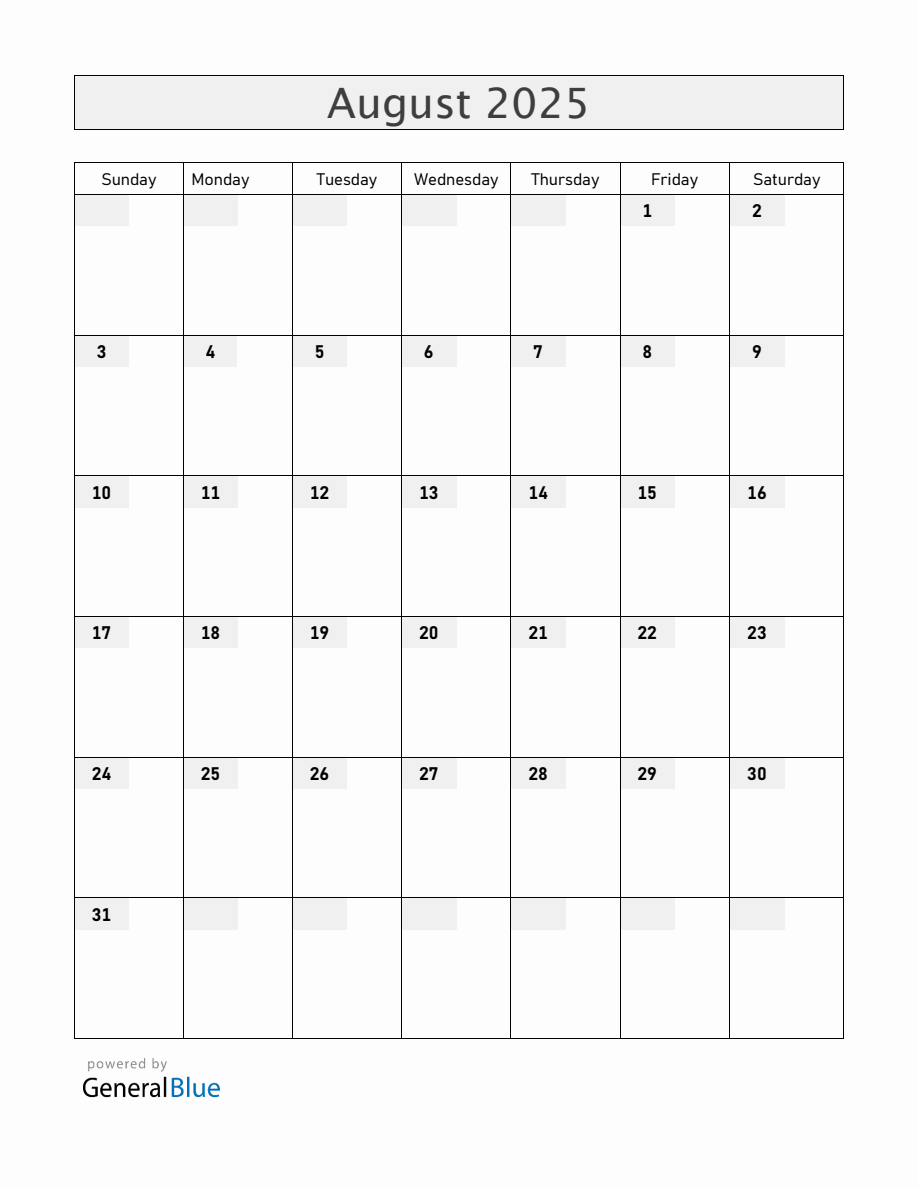 Blank august 2025 calendar