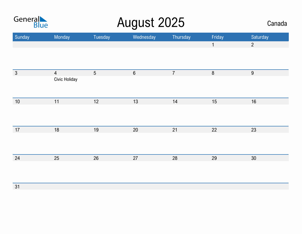 August 2025 monthly calendars with canada holidays