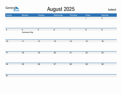 Current month calendar with Iceland holidays for August 2025