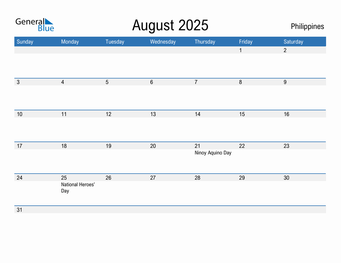 August 2025 Monthly Calendars with Philippines Holidays