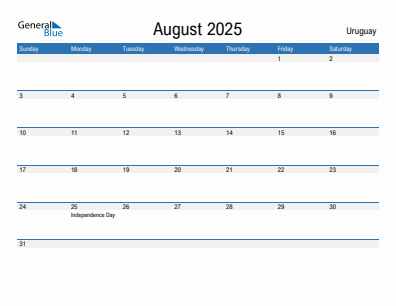 Current month calendar with Uruguay holidays for August 2025