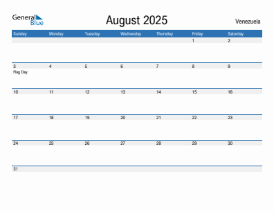 Current month calendar with Venezuela holidays for August 2025