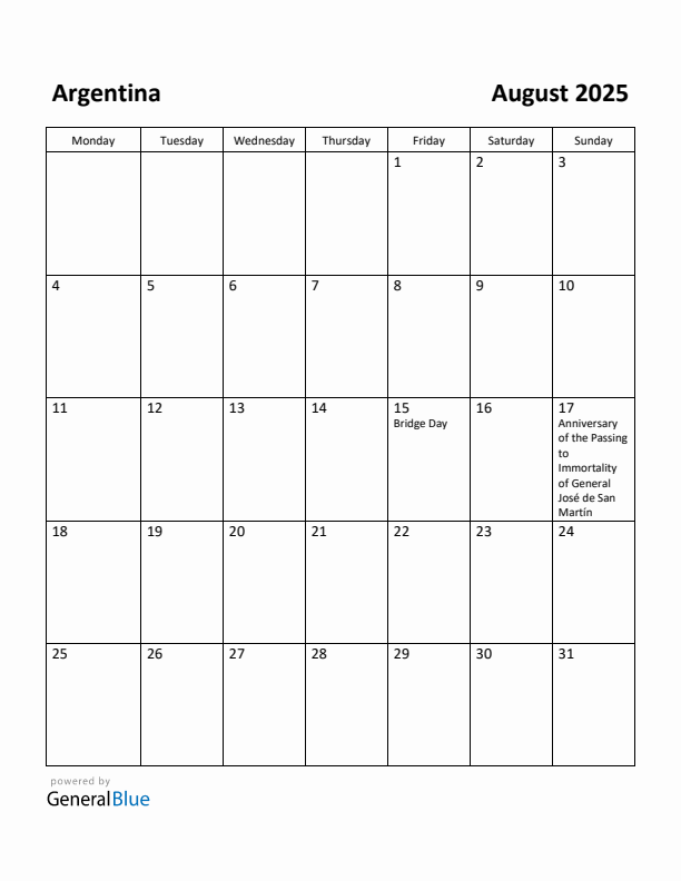 August 2025 Calendar with Argentina Holidays