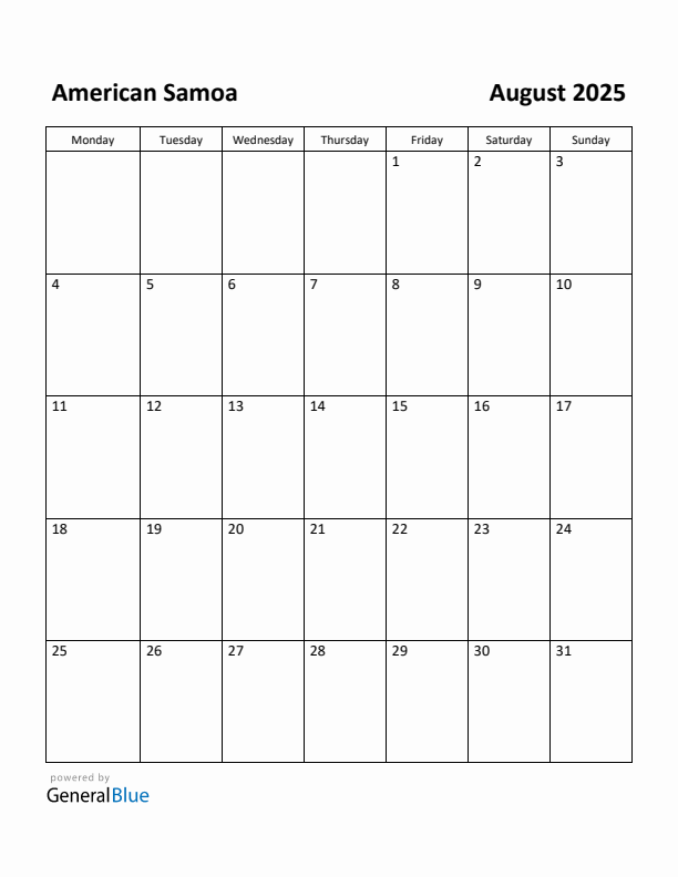 August 2025 Calendar with American Samoa Holidays