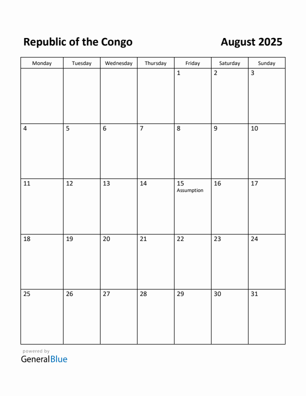 August 2025 Calendar with Republic of the Congo Holidays
