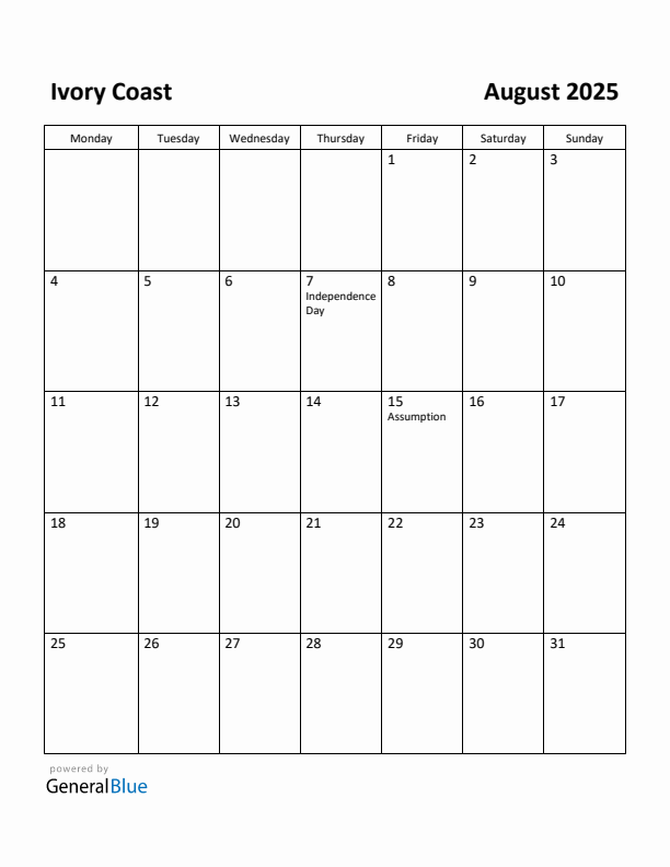 August 2025 Calendar with Ivory Coast Holidays